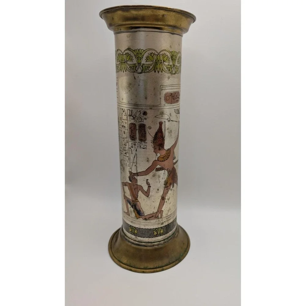 Vintage Egyptian Hieroglyph Metal Vase Brass Trim Decor 10